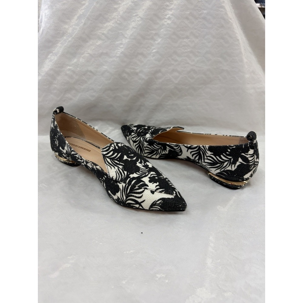 Nicholas Kirkwood Flats Women 38 Black White Floral Pointed Toe Gold Detail